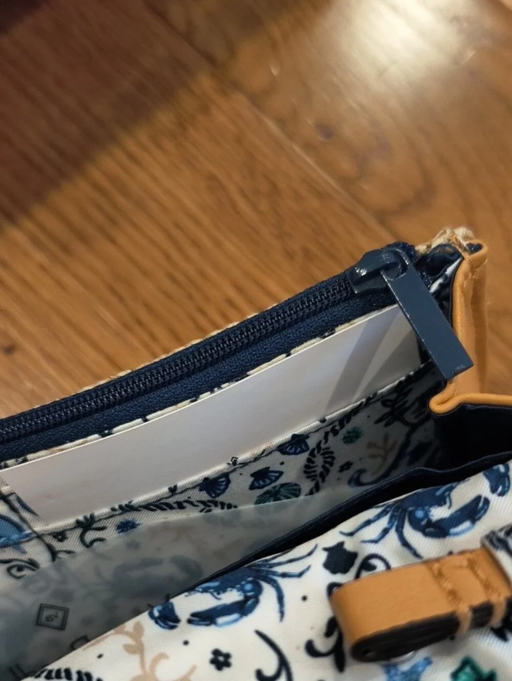 Vera Bradley Tan Straw Wristlet with Blue Seahorse Embroidery